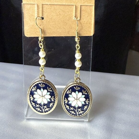 REIMAGINED Jewelry - Artisan Faux Pearl Floral Dangle Earrings Gold Tone